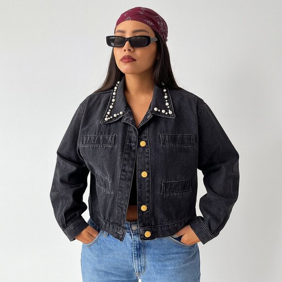 Liz Claiborne Vintage Lizwear Black Denim Jacket Pearls Japanese Flowers - Picture 2 of 14